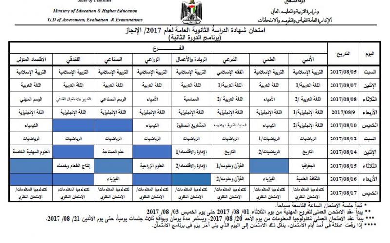 جدول امتحانات التوجيهي 2017 - فلسطين الآن 2