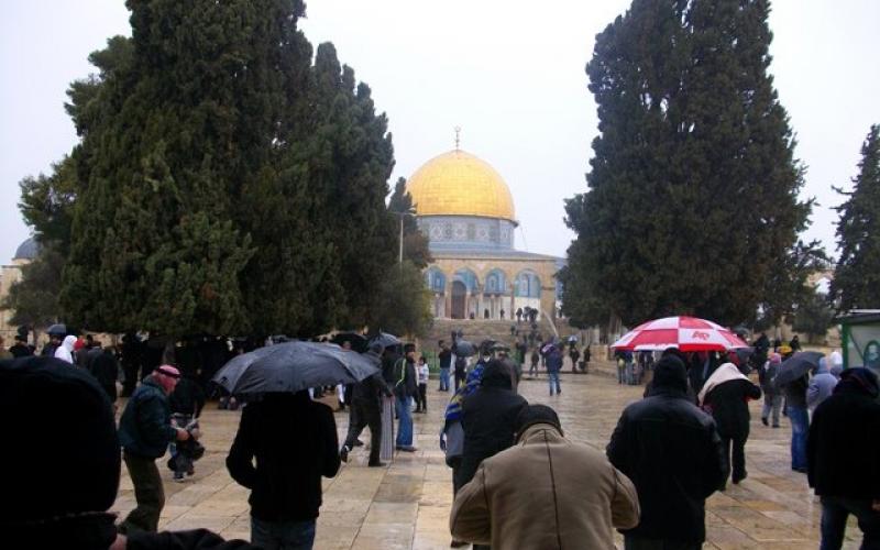 في المطر..الآلاف يؤدون الصلاة في الأقصى