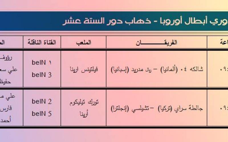 تعرّف على جدول مباريات اليوم والمعلقين