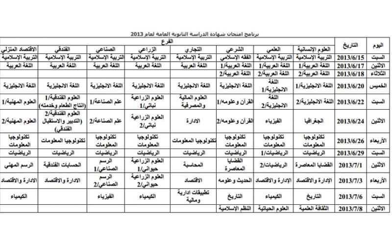 جدول امتحانات الثانوية العامة لعام 2013 (صورة)