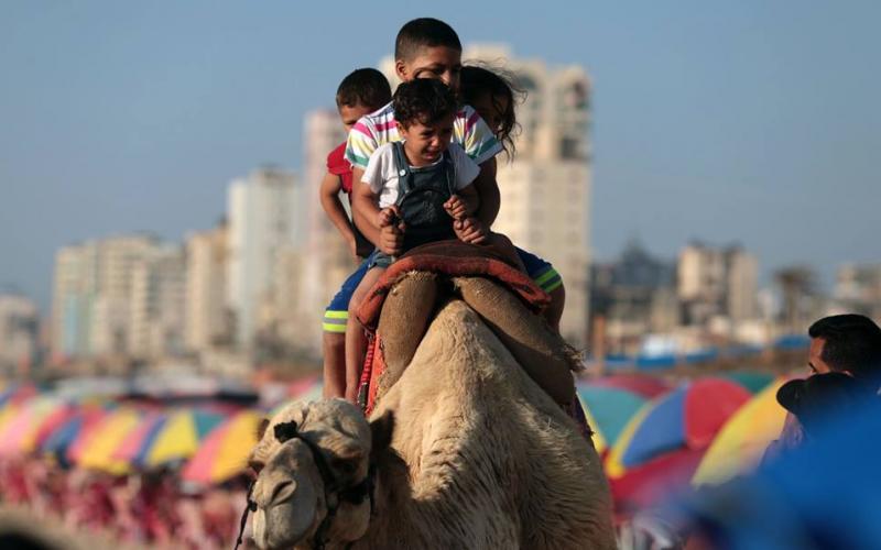 ‫صور‬: مواطنون يستجمون على شاطئ ‫‏غزة‬