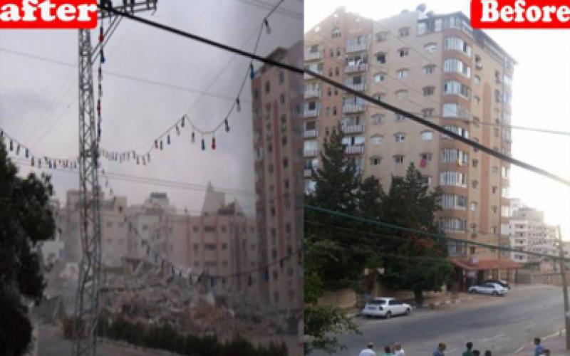 بالصور والفيديو: الاحتلال يدمر برجًا سكنيًا في غزة