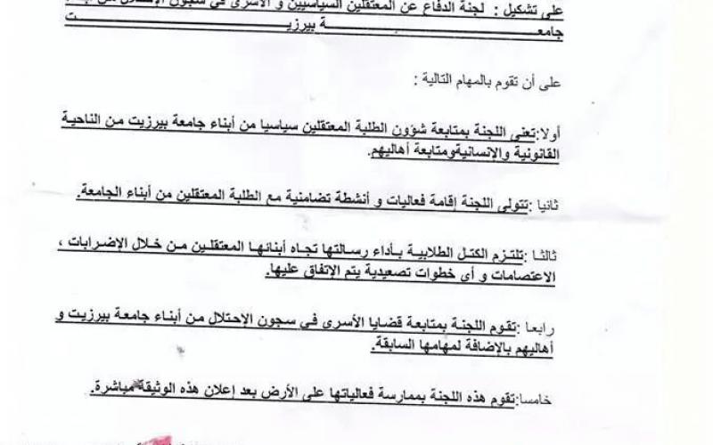 وثيقة شرف في بيرزيت لمتابعة الاعتقال السياسي
